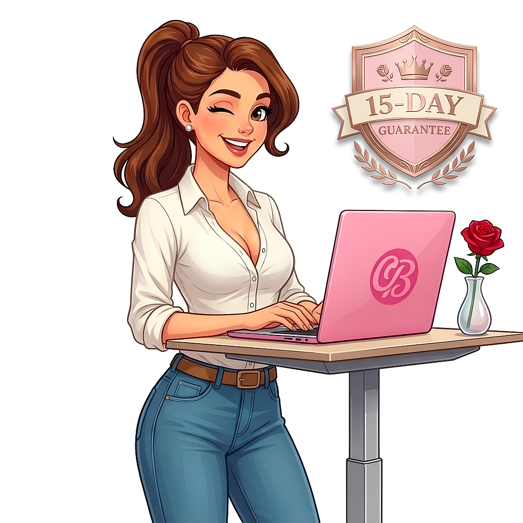 Carla Bianchi customer support illustration with 15-day returns and refunds guarantee, woman working on laptop handling orders and customer service