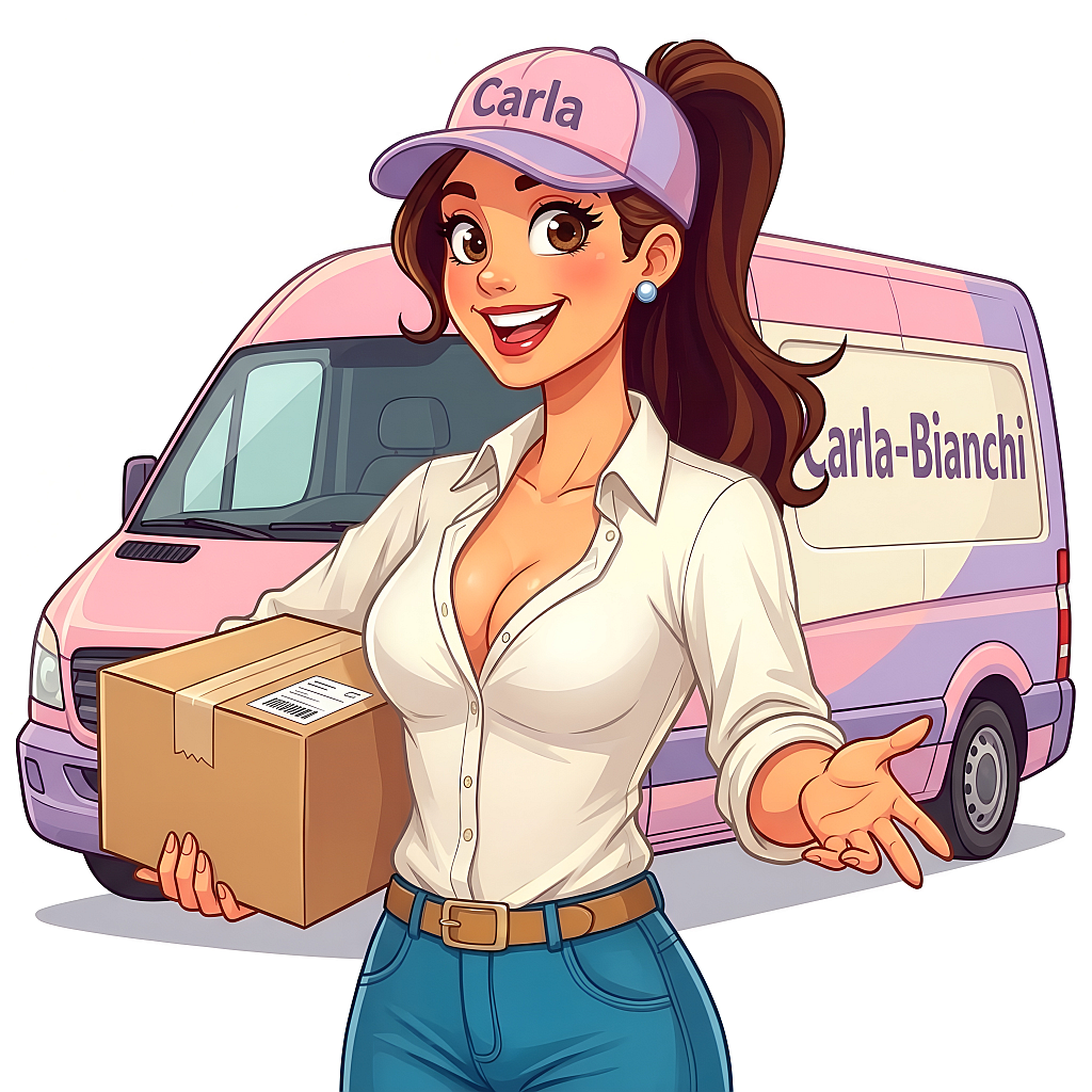 Carla Bianchi shipping illustration with delivery van and package, fast order fulfillment, shipping costs and 15-day returns support