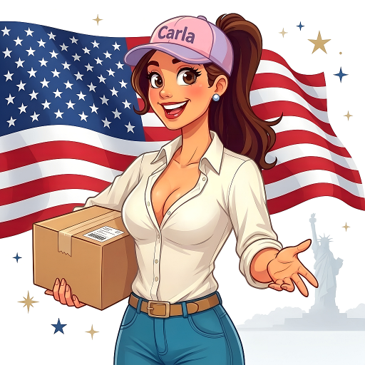 Carla Bianchi delivering package in front of American flag, USA-based print on demand fulfillment and domestic shipping